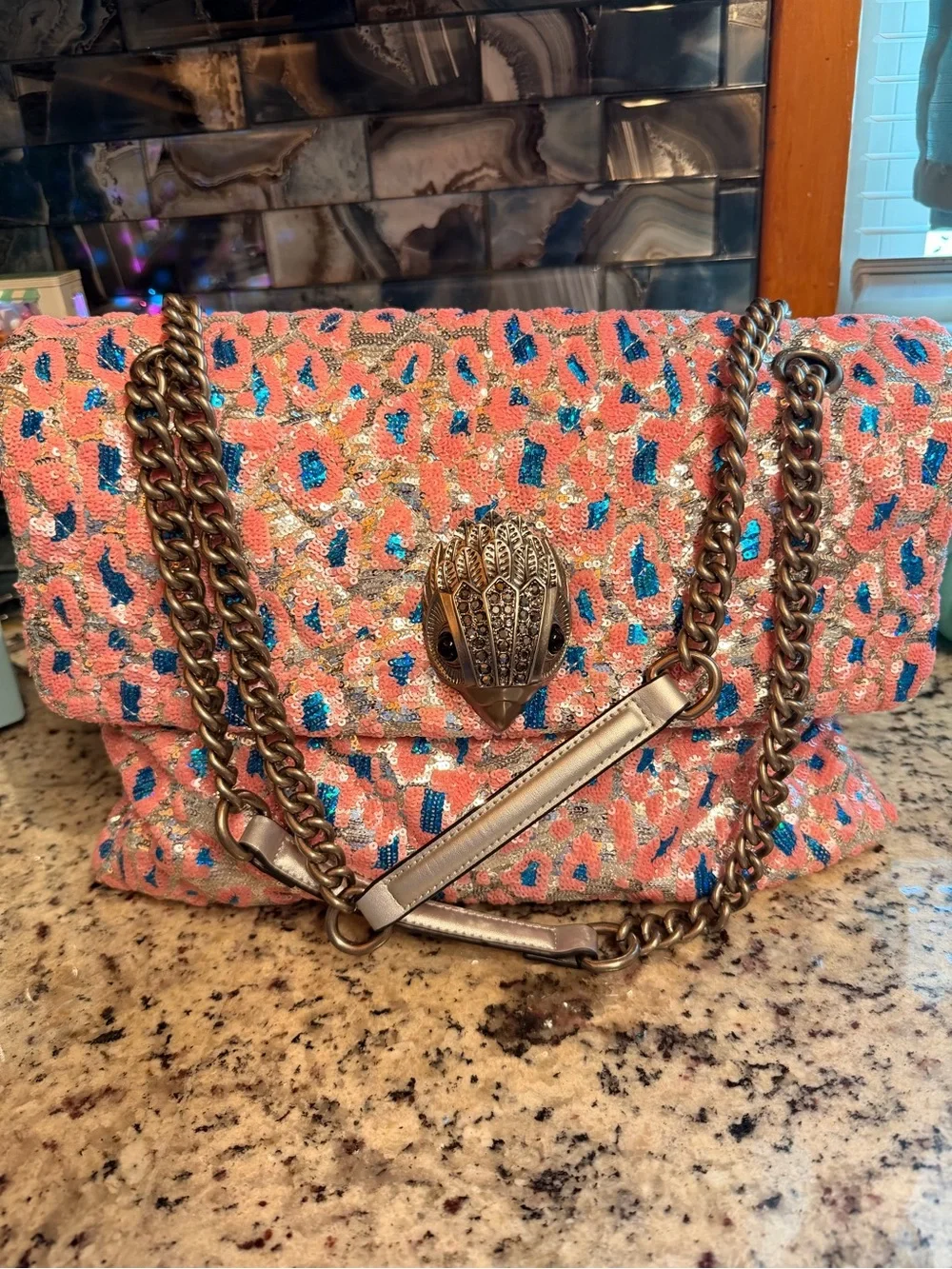 Kurt Geiger XXL Kensington  Pink and Turquoise Sequin Leopard Purse/Crossbody